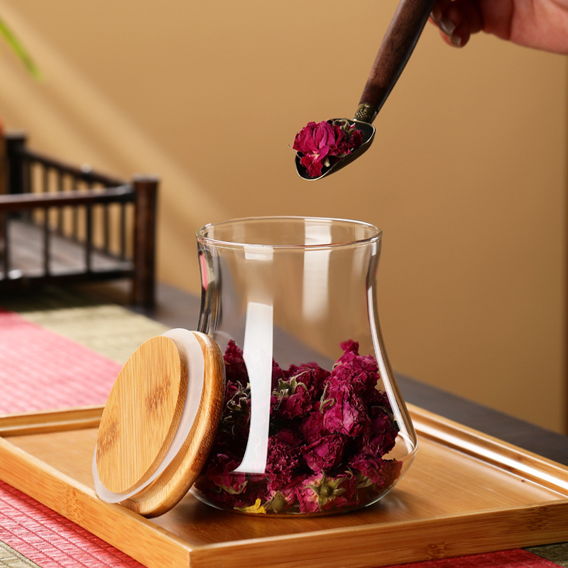Wholesale household special-shaped high borosilicate glass sealed jars, bamboo lid tea jars, storage jars, candy storage bottles details Picture