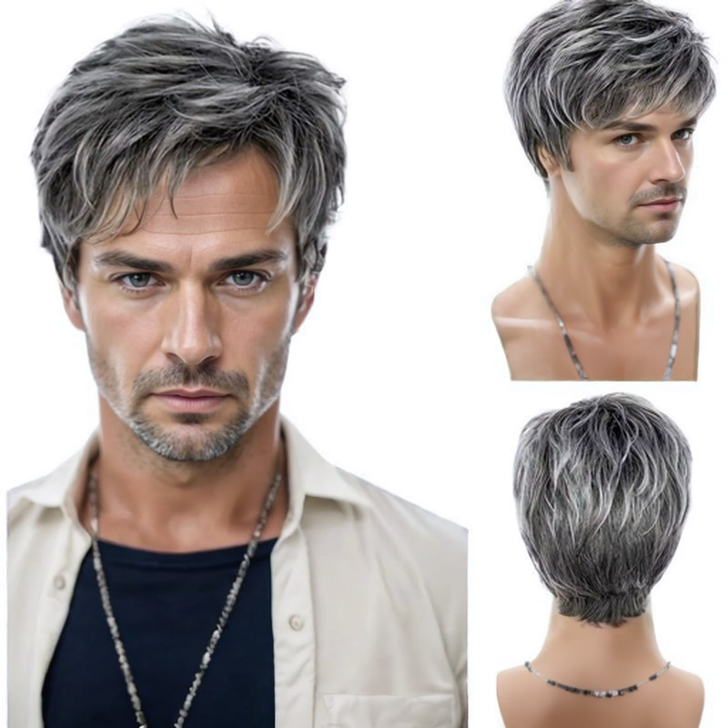 Short straight hair wigs, cross-border wigs, stylish straight hair covers for European and American men, gradient gray short hair wholesale on Amazon