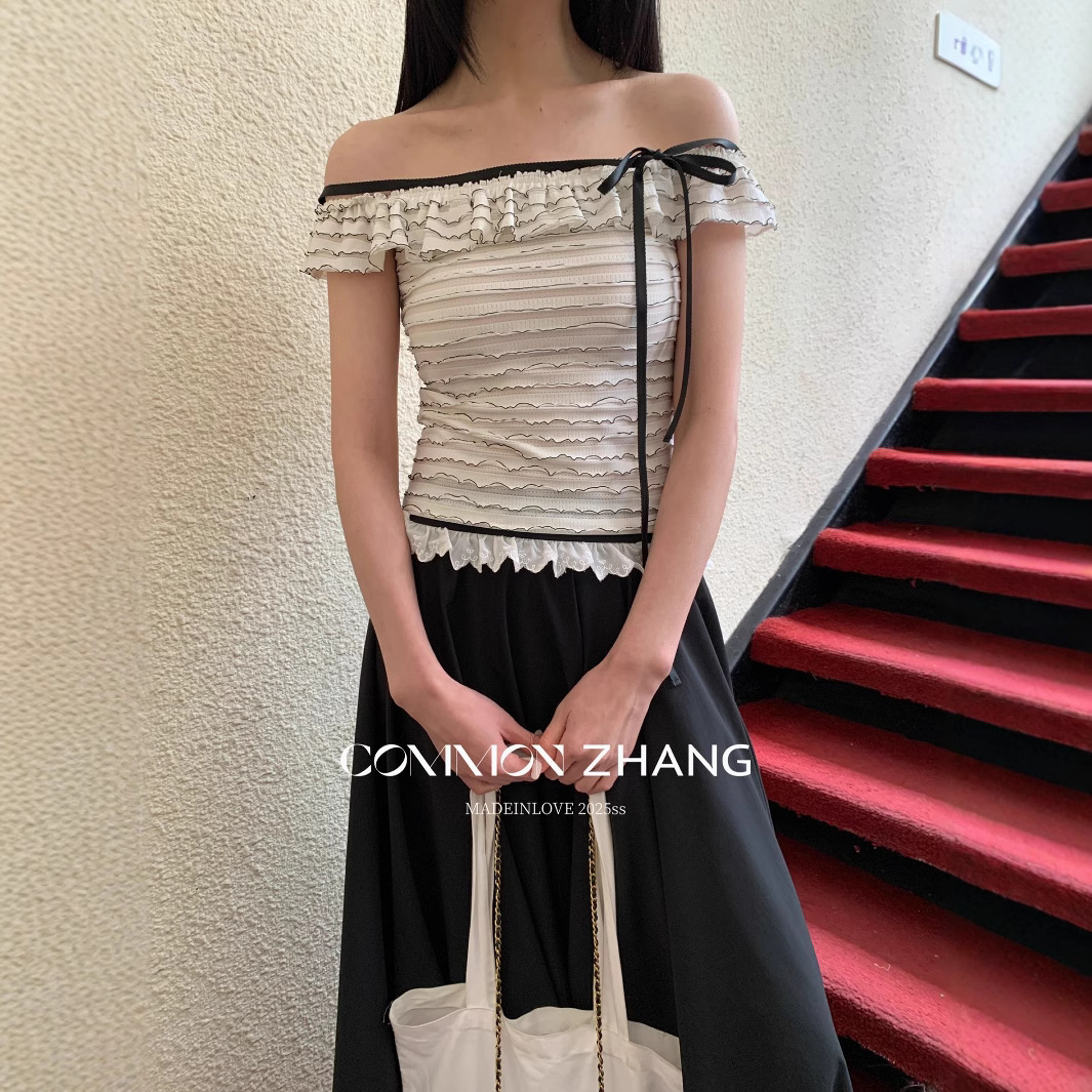 CZ ZHANG Summer French lace one-shoulder off-the-shoulder, contrasting color striped waist-cinching slim shirt B23795 Specification image