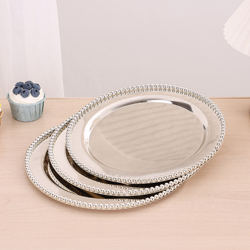 European High-End Metal Bead Point Cake Plate Home Creative Fruit Plate Round Dessert Plate Afternoon Tea Dessert Table details Picture