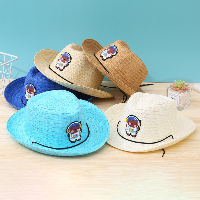 Spring and summer new children's sunshade denim straw hat, fashionable British style cartoon astronaut sun hat, tourist attraction hat details Picture
