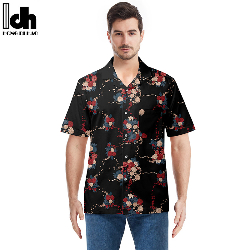 跨境男士夏威夷衬衫欧美3D印花外贸沙滩衬衣开衫短T恤可指定图案详情图4