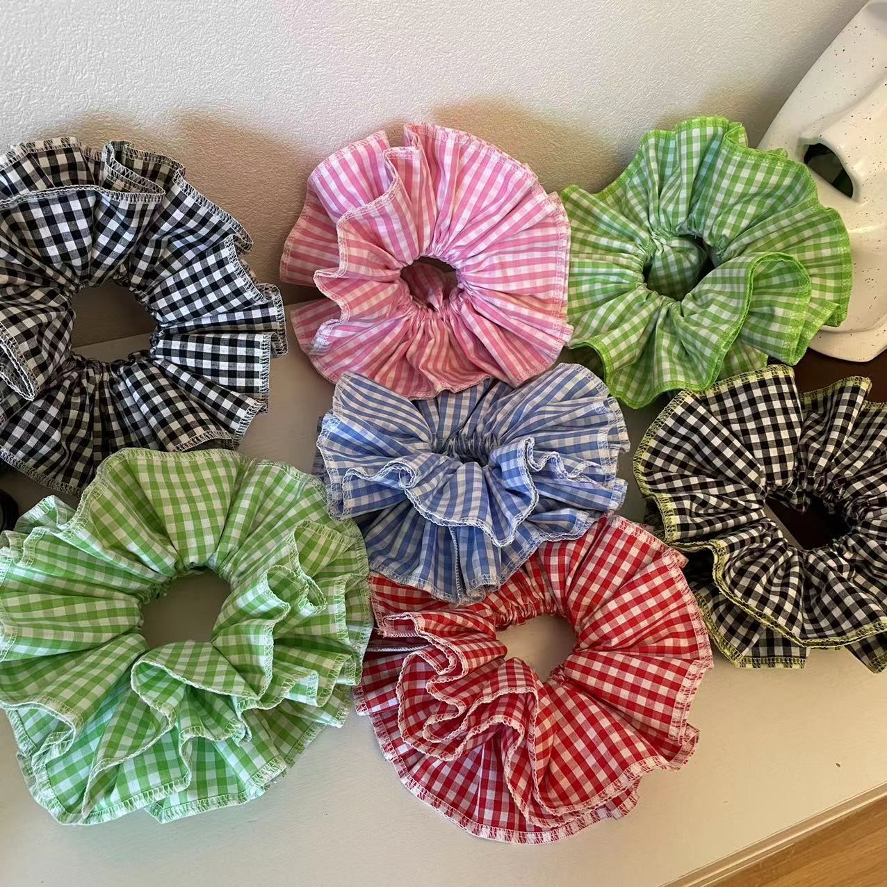 Beautiful niche design four-layer check lace scrunchie handmade girl ins style lace oversized bowel scrunchie