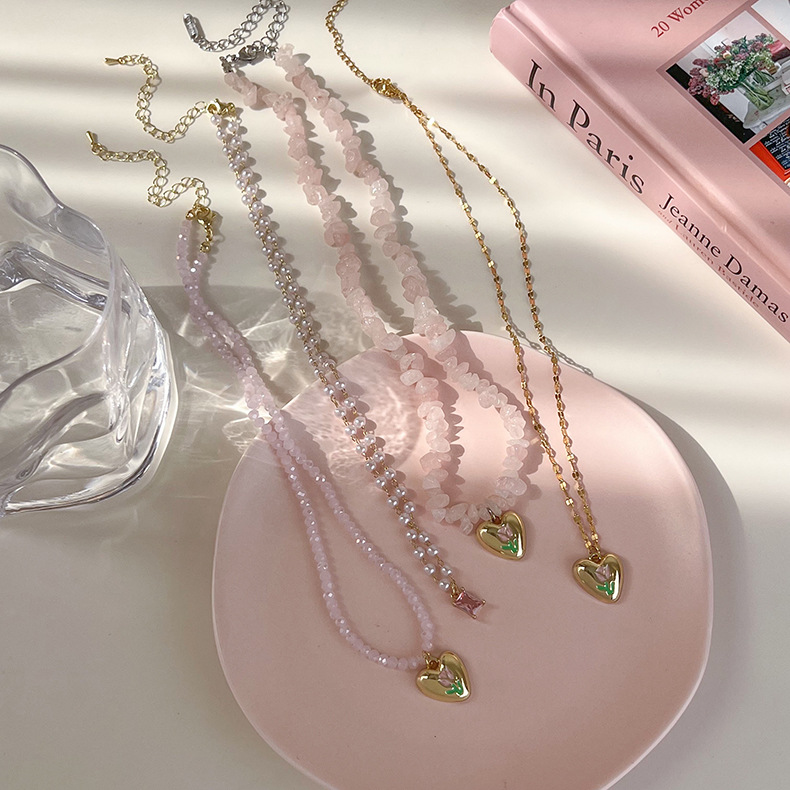 Pink square diamond tulip heart-shaped pearl necklace with a high-end feminine touch, a niche collarbone chain, sweet and cool, and a layered neck chain for a hot girl Specification image