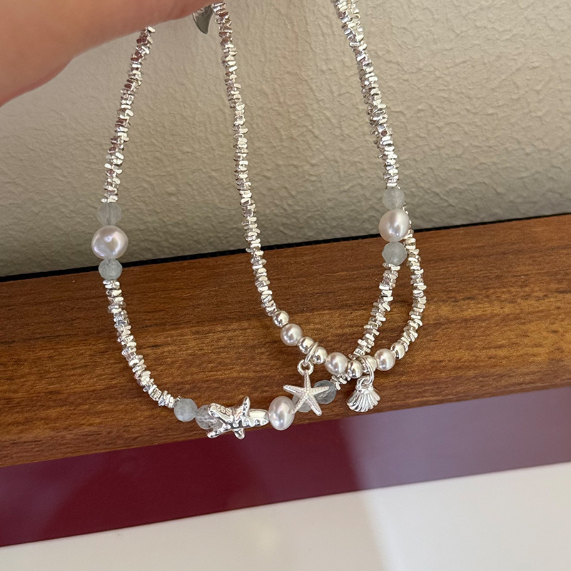 925纯银海星贝壳珍珠碎银子手链女手工弹力绳款设计百搭手环叠戴