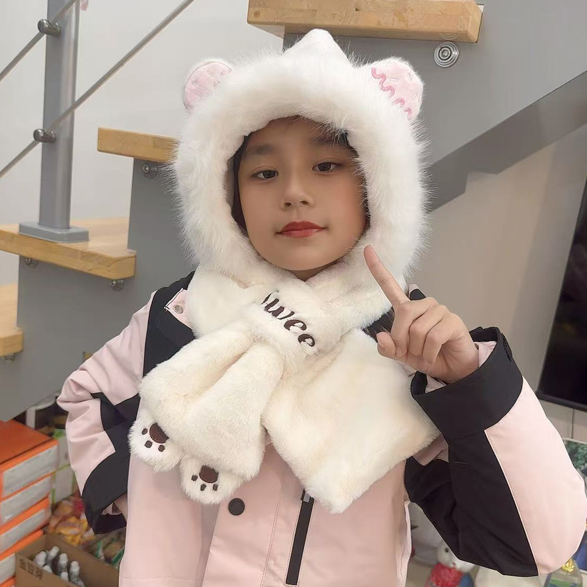The 2024 winter hat for boys, girls and children features a cute teddy bear plush hat and scarf in one piece, providing warmth and warmth with thickened design Specification image
