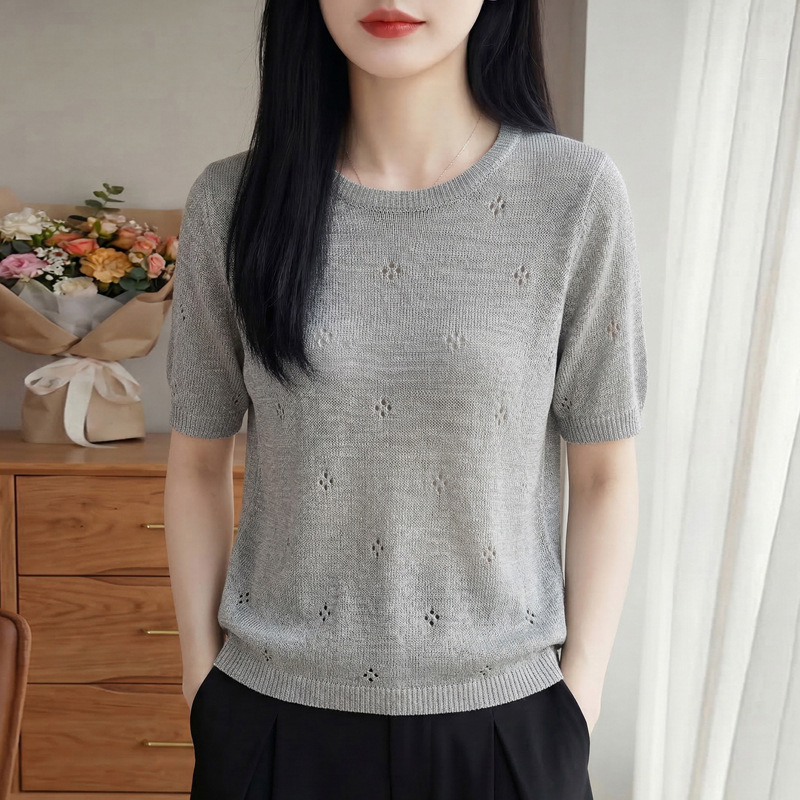 Spring/Summer 2026 new style paper yarn round-neck knitted sweater, short-sleeved women's cutouted solid color pullover base layer T-shirt Specification image
