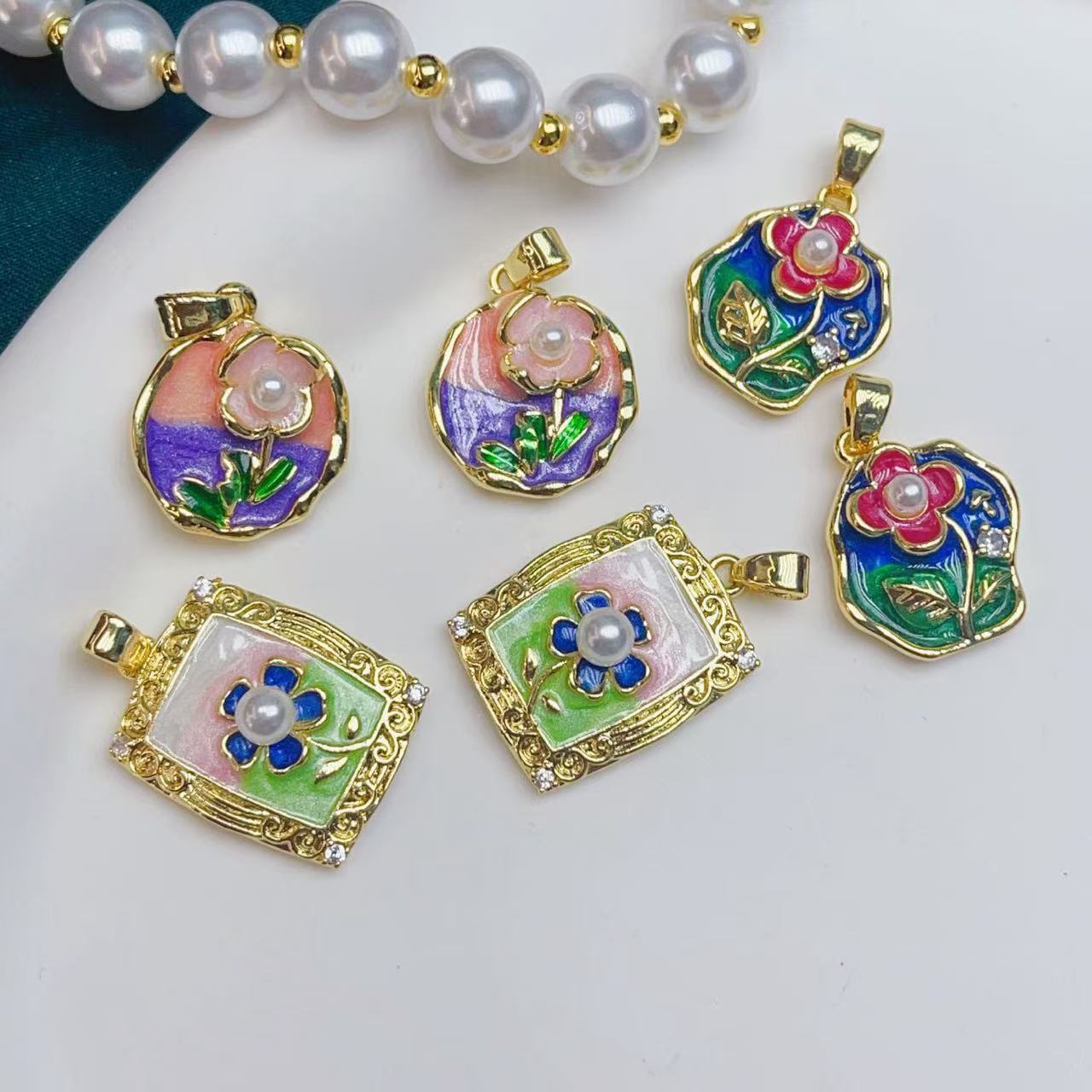 莫奈花园油画风铜镀真金保色花朵珍珠diy手工法式吊坠配饰