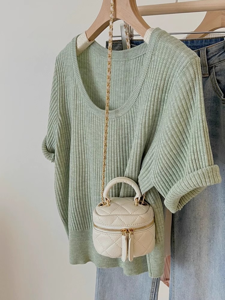 Crew-Neck Knitted T Shirt Women Thin 2024 Summer New Design Sense Small Small Knitwear Short-Sleeved Top Specification drawing