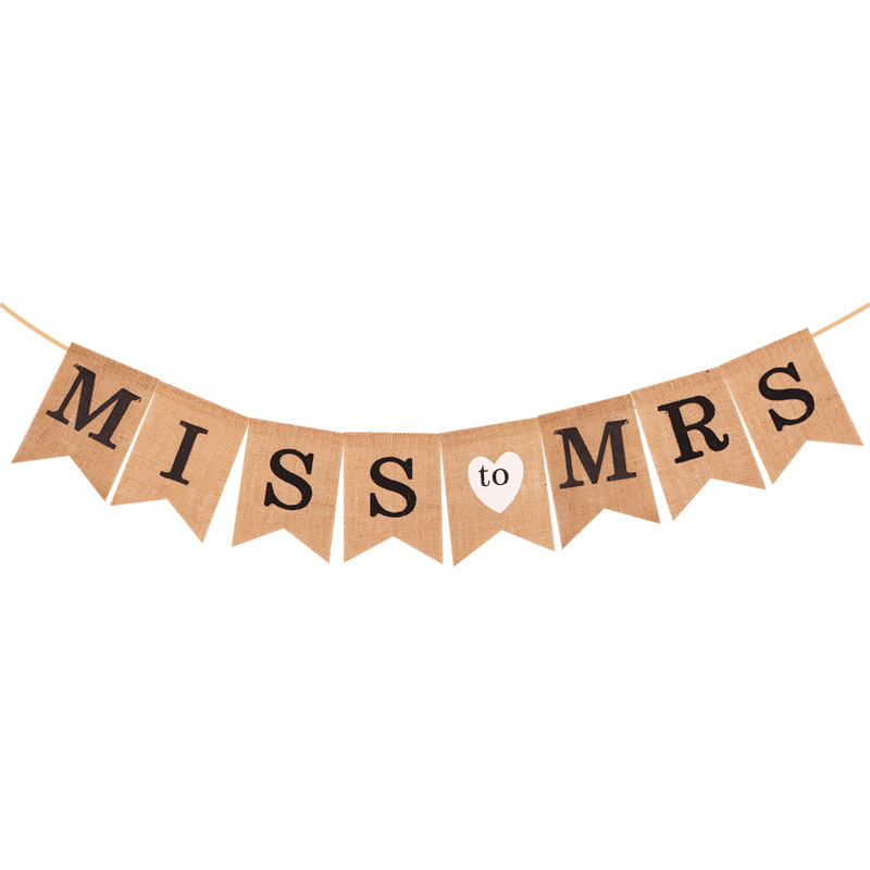 Factory direct supply of European and American wedding party decoration products, banners and flags, MISS TO MRS Linen swallow-tailed flags Item Picture