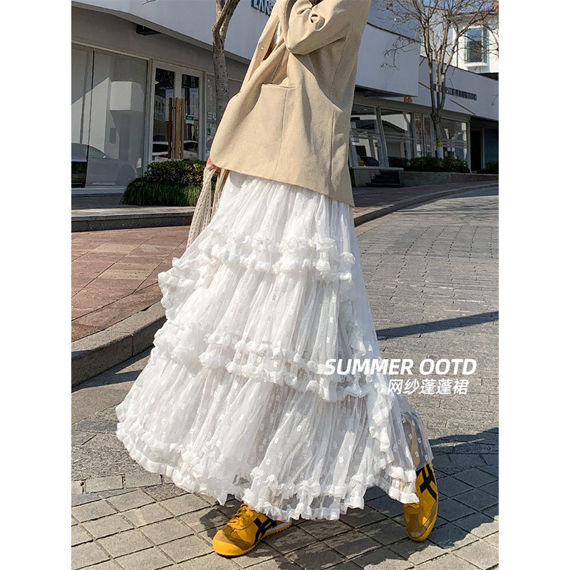 网纱半身裙女2025款春夏季高腰显瘦褶皱中长款仙女气质法式蕾丝大裙摆A字纱裙 不规则蛋糕裙