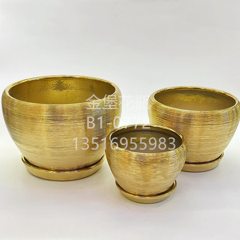 Nordic large diameter electroplated brushed gold large flowerpot Round ceramic plant ware flowerpot home outdoor decoration details Picture