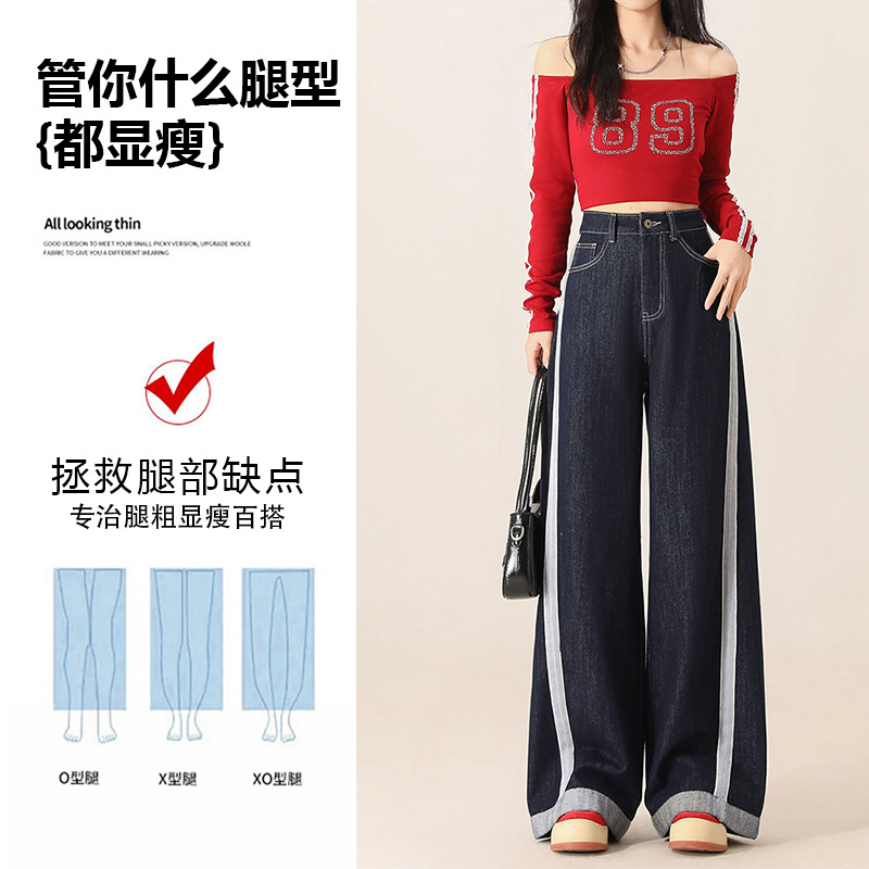 Denim wide-leg jeans for women, Spring 2025 new style, color-blocking and patchwork high-waisted loose straight-leg floor-length pants details Picture
