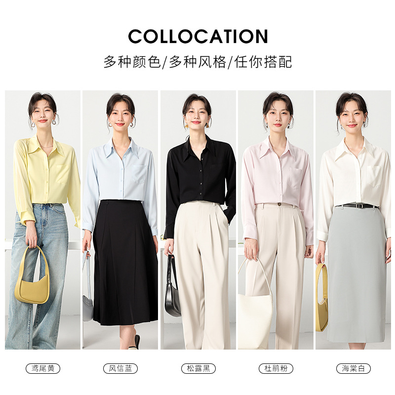 The classic lapel top for the 2024 spring collection is a slimming women's shirt that is breathable, wrinkle-free and has a cloud-like layering effect Application Scenario