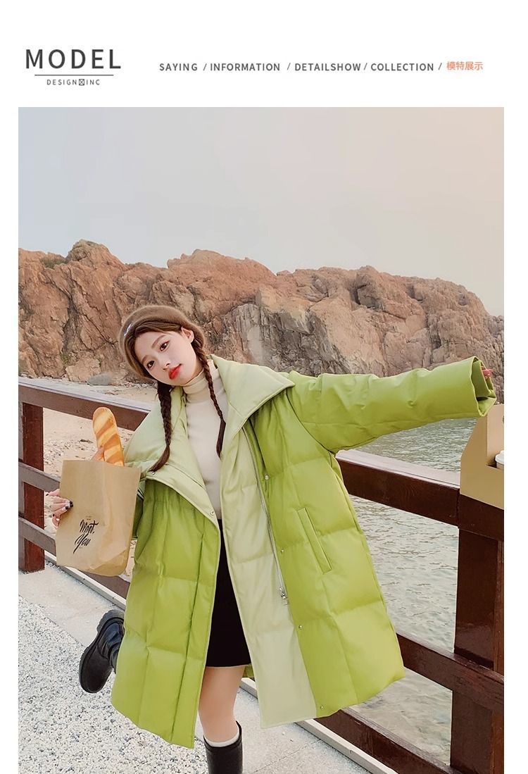 Aguacate verde pato blanco abajo PU piel abajo chaqueta para mujeres estilo mediano largo diseño de nicho sentido influencers estilo explosivo abrigo sin lavado pic 8