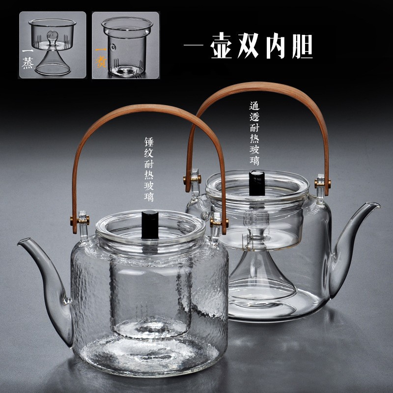高硼硅玻璃日式锤纹茶壶明火竹把提梁壶煮茶壶泡茶壶家用茶具套装