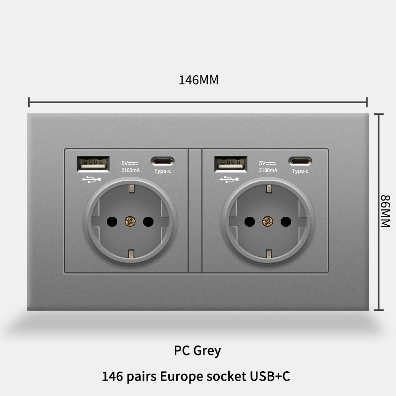 Type 146 European standard German USB socket panel French standard German standard Typec+USB European standard 16A tempered glass panel Item Picture