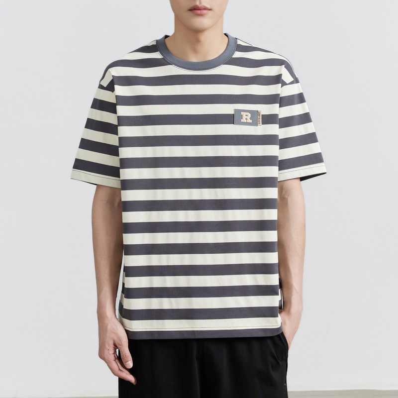 WOOG2005 Round-neck striped fashion short-sleeved T-shirt for men 2024 Summer New casual color-blocking half-sleeved T-shirt details Picture
