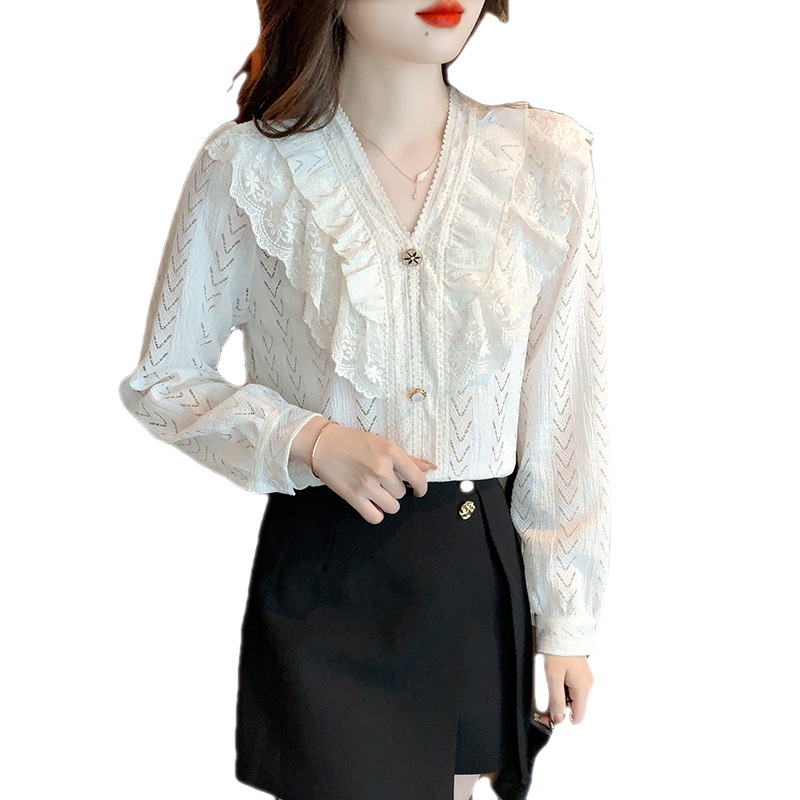 French lace V-neck early autumn chiffon shirt for women's autumn 2022 new long-sleeved, unique and stylish Item Picture