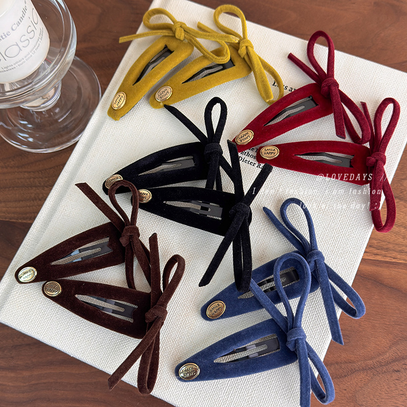 字母金标复古丝绒蝴蝶结BB夹百搭少女质感发夹扎头发绳刘海夹发饰