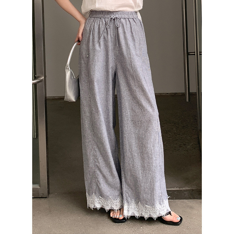 Yiershan texture, national trend design, lace wide-leg, cotton and linen lace-up elastic waist casual pants, women's straight-leg long pants 0420