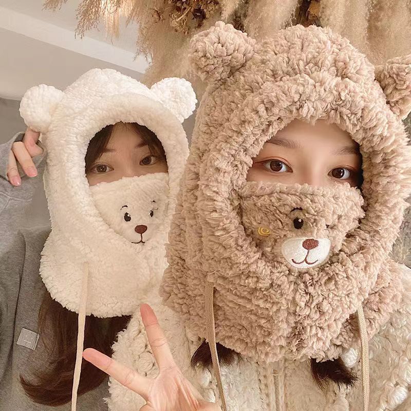 帽子女围脖一体秋冬新款羊羔绒小熊口罩刺绣雷锋帽骑车防风套头帽