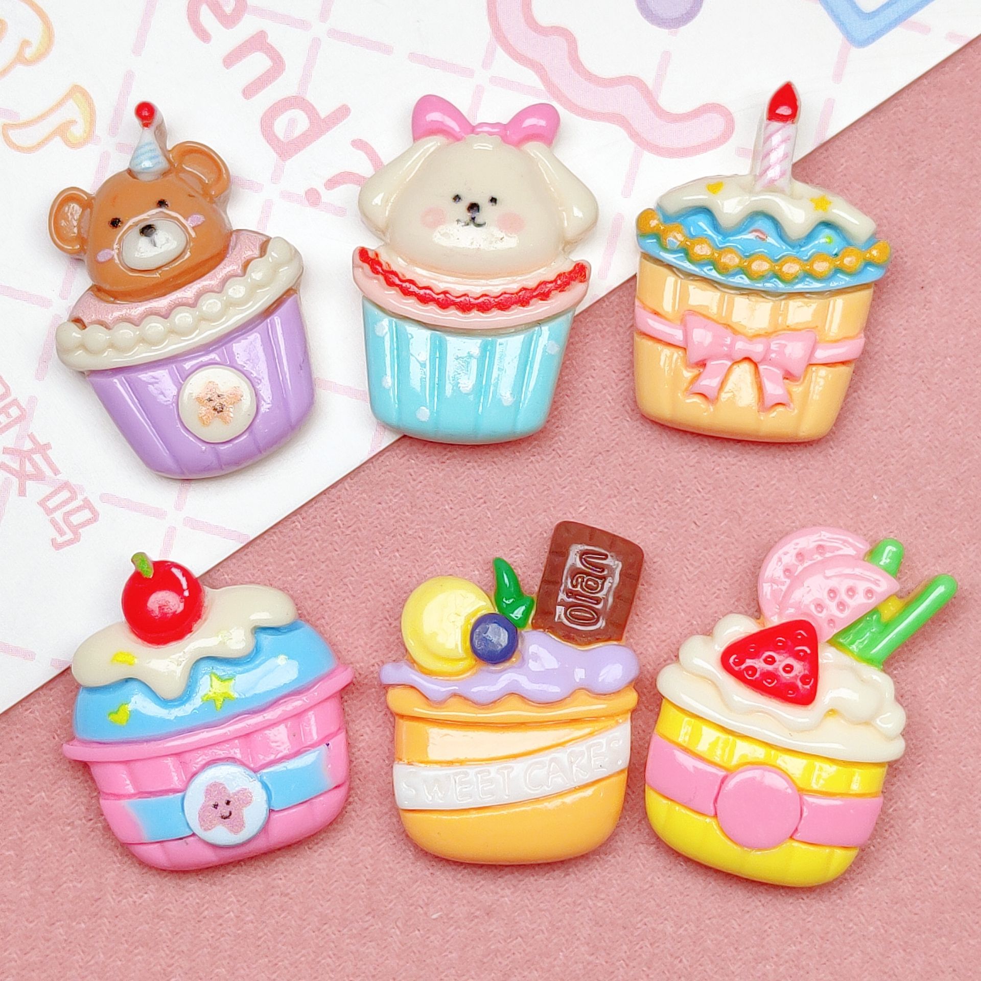 Shiny cartoon bear fruit birthday cake diy cream phone case resin accessories handmade hair clip material kit