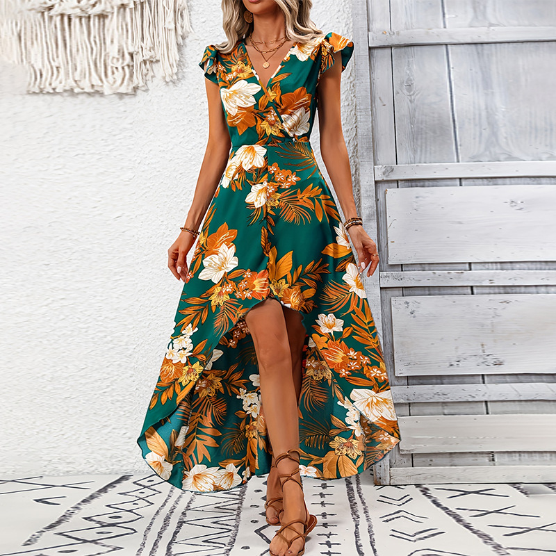 Cross-border Amazon foreign trade women's clothing 2025 Summer vacation style European and American dress flower slit mid-length dress full figure