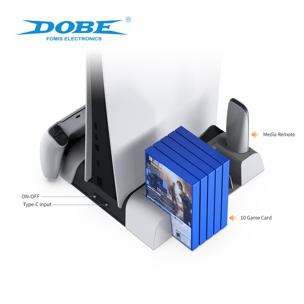 Factory direct sales, cross-border foreign trade, high-quality DOBE PS5 console cooling stand, game controller dual-seat charger, console base, multi-functional disc storage rack Specification image