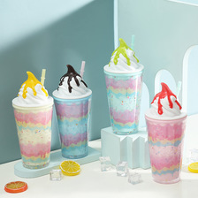 创意新款冰杯可爱棉花糖冰激凌杯卡通儿童双层吸管杯奶茶杯礼品定制批发