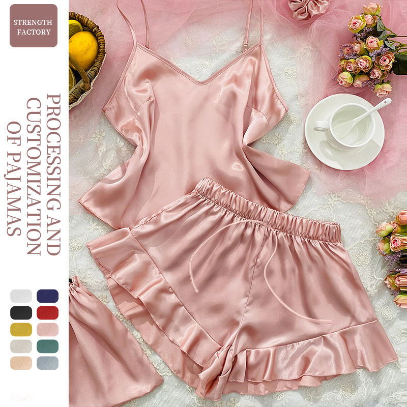 A simple and casual three-piece set of silk-like spaghetti-strap home wear, ice silk backless spaghetti-strap shorts set, and sexy pajamas for women details Picture