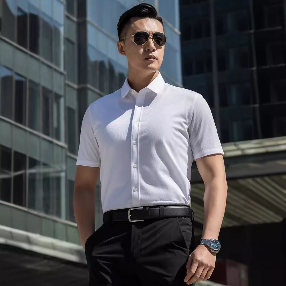 Summer short-sleeved four-sided elastic shirt for men's business casual wear, solid color simple professional formal men's shirt details Picture