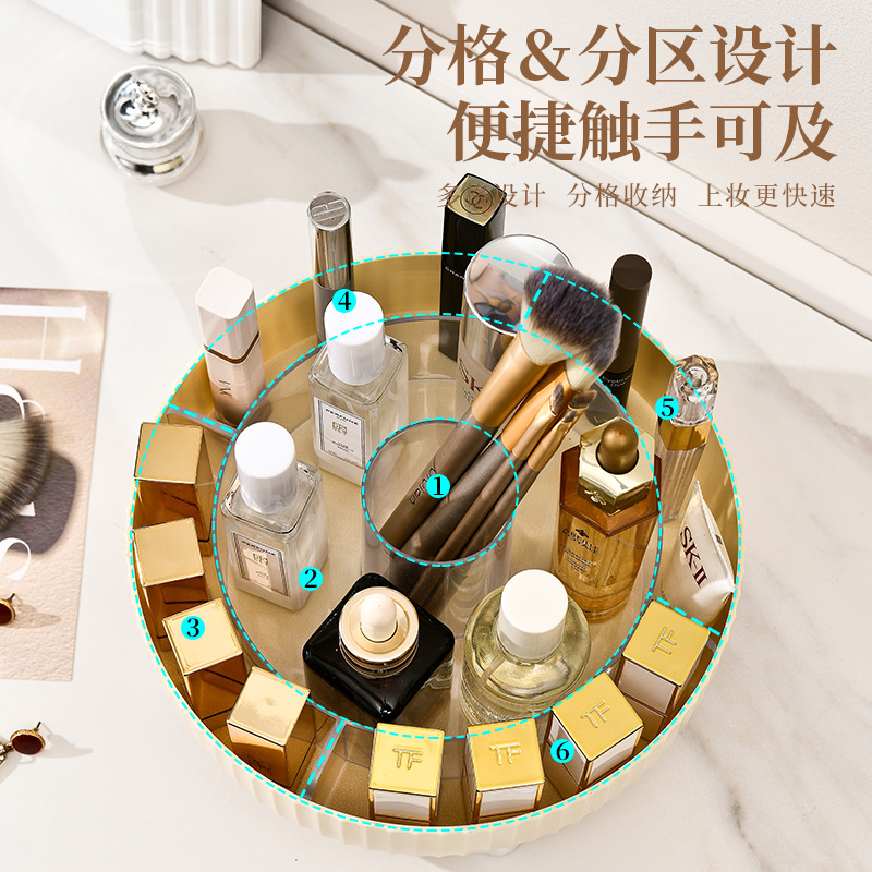 Rotatable cosmetics storage box, desktop skincare and lipstick shelf, dressing table, home compartmentalized storage turntable Application Scenario
