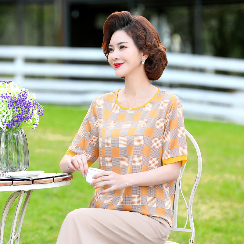 2022新款妈妈夏装雪纺衫套装遮肚上衣中老年女装时尚T恤+裤两件套
