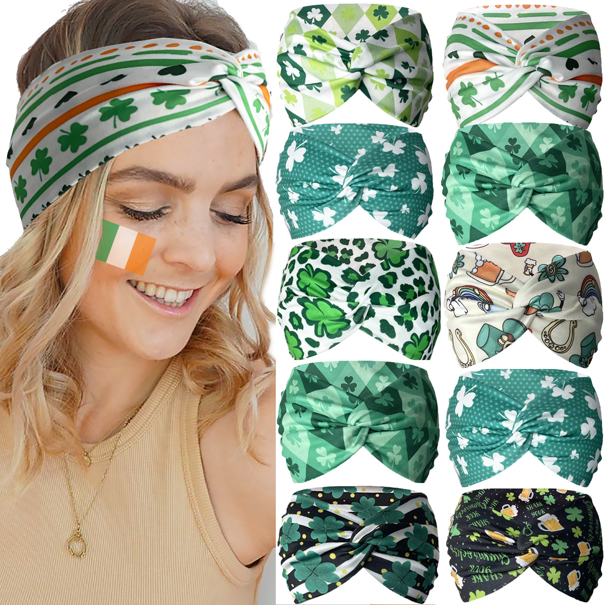 New St. Patrick's print cross headband Irish clover stretch yoga tie Headband accessory full figure