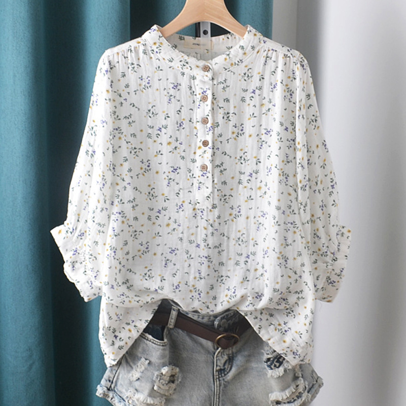 Summer retro floral stand-up collar double-layer baby cotton yarn three-quarter sleeve shirt, artistic style, loose cotton blouse for women