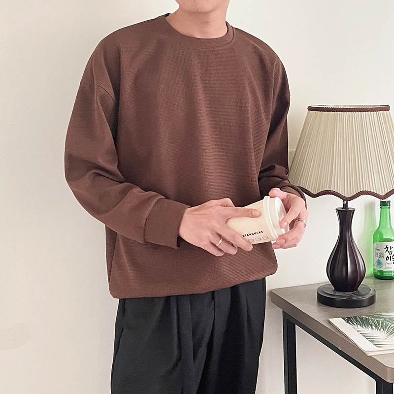 The 2022 autumn new collection of Korean style fashionable round-neck T-shirts, men's light mature style casual pullover long-sleeved waffle checkered sweatshirts, trendy Specification image