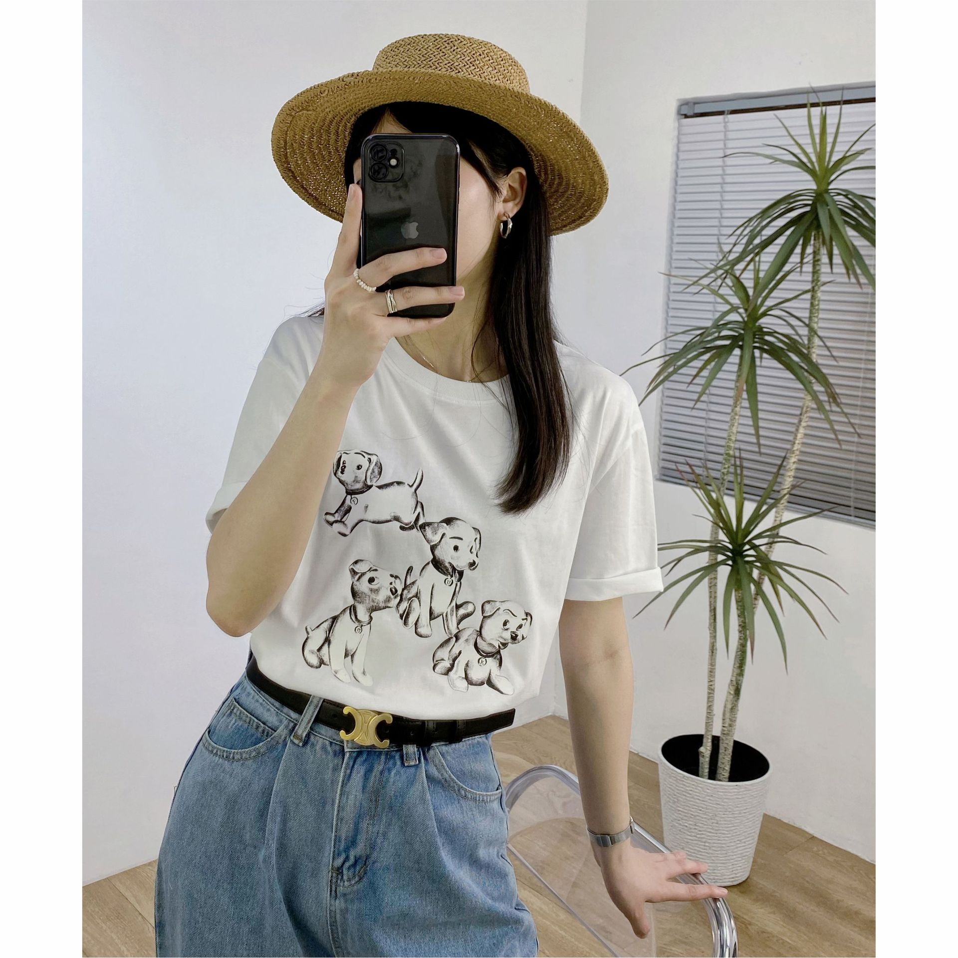 Nueva colección verano 2022 algodón CE inicio holgada caída hombros manga corta mujer camisetas manga media top ins details Picture