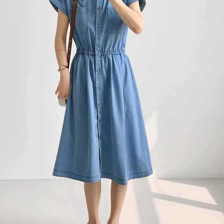 【 Mall Same Style 】25 Summer Light and breathable Tencel fabric cool and comfortable lapel women's denim dress full figure