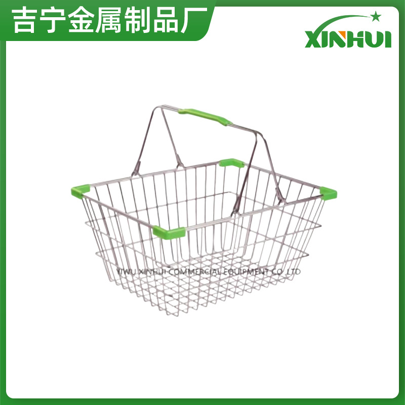现货商场超市购物篮 不锈钢折叠铁丝篮商超购物挂钩手提篮