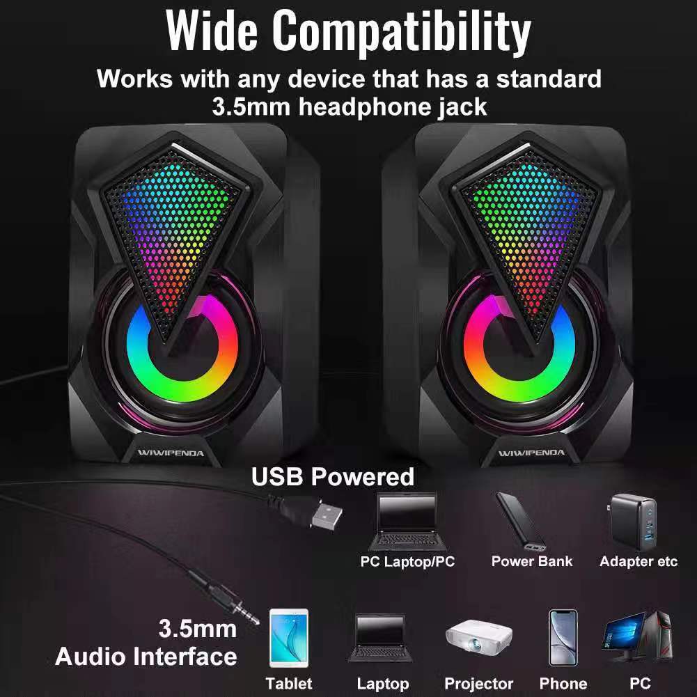 X2USB desktop mini speaker with 3.5MM audio jack, 2.0 wire-controlled RGB color light, mini computer speaker glowing pic 2
