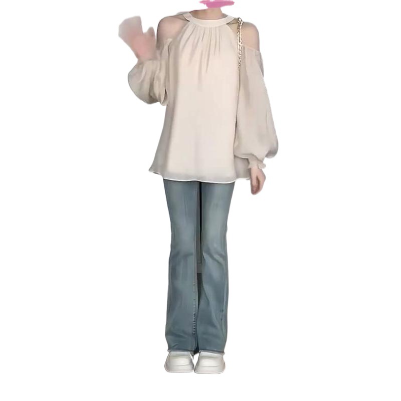A trendy off-the-shoulder long-sleeved shirt for women in summer, featuring a gentle French style and a loose yet unique look Item Picture