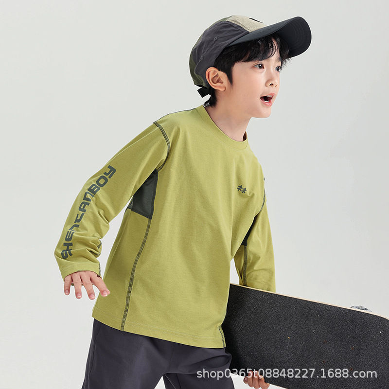 Spring 2025 new Boys' versatile sporty color-blocked long-sleeved T-shirt, round-neck top, base layer, breathable Application Scenario