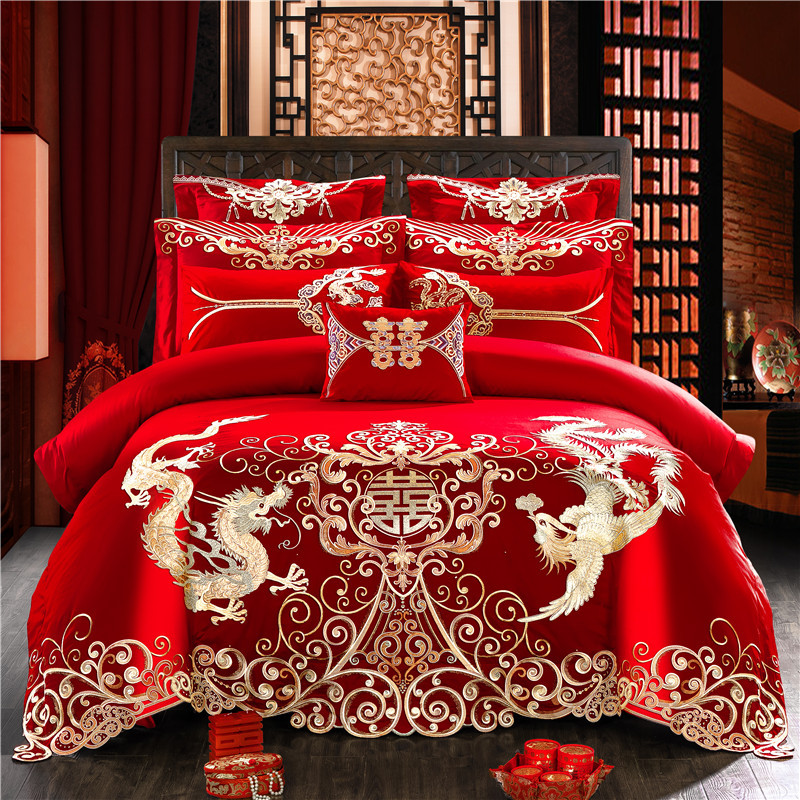 100支纯棉刺绣婚庆四件套大红色六件套结婚床上用品床单盖多件套详情图2