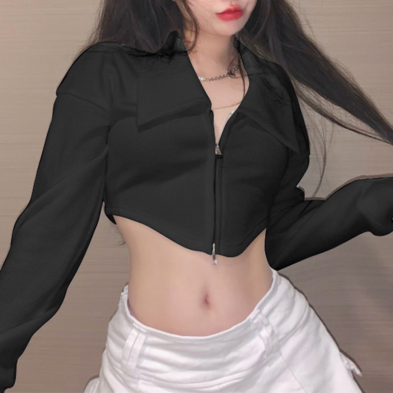 New autumn fashion trend women's wear long-sleeved, lapel, crop top, zipper cardigan and simple T-shirt Specification image