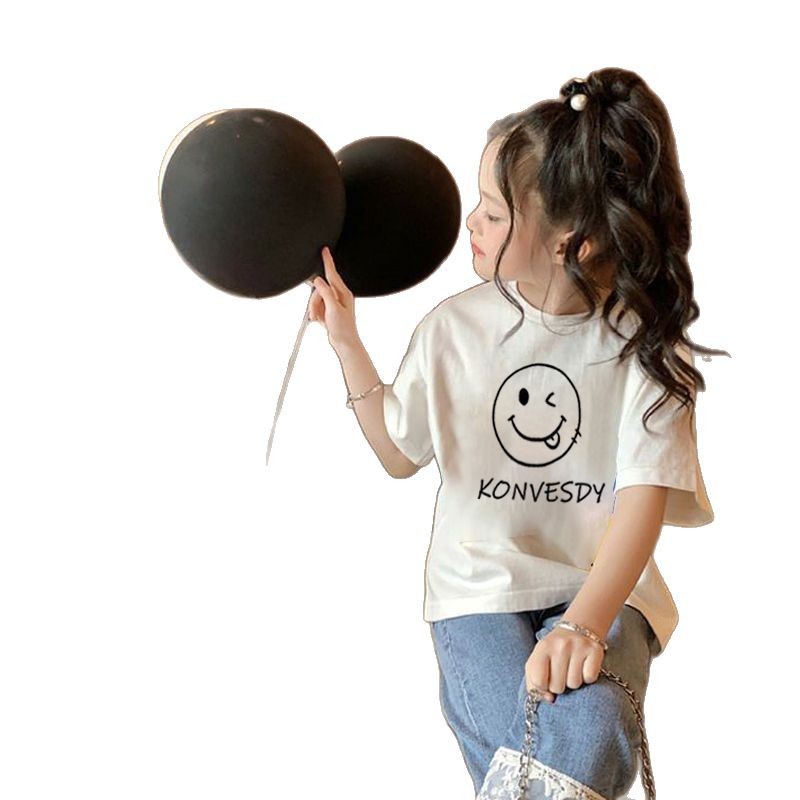Girls' short-sleeved pure cotton T-shirt, new summer loose top, simple printed children's casual T-shirt from Zhongda Children's Clothing Item Picture