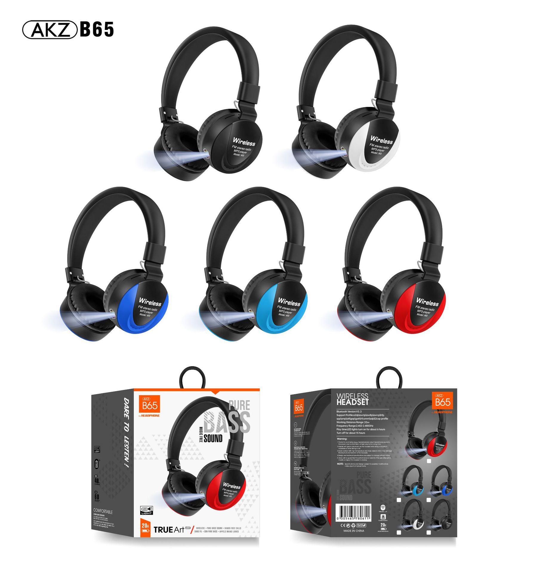 AKZ-B65 auriculares bluetooth inalámbricos plegables/linterna /FM/AUX/TF correr auriculares deportivos