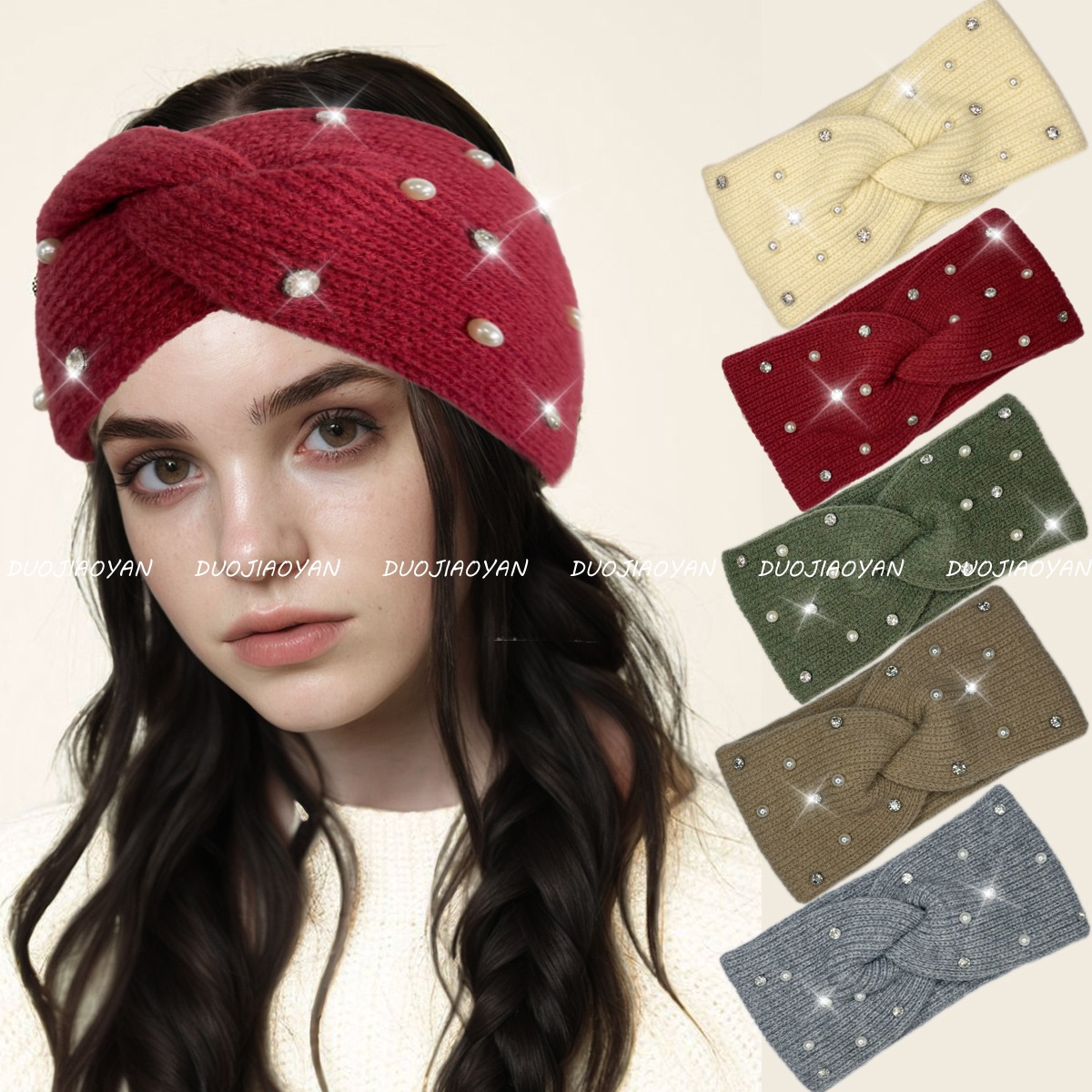 Cross-border autumn and winter fashion pearl woolen hair band, warm knitted cross headscarf, wide edge elastic cold-proof headwear in stock details Picture