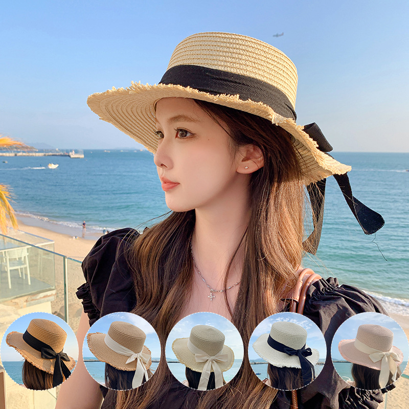 Hat Spring Summer Women Fashion Straw Hat Seaside Holiday Beach Hat Flat Ribbon Bow Sun Hat Wholesale