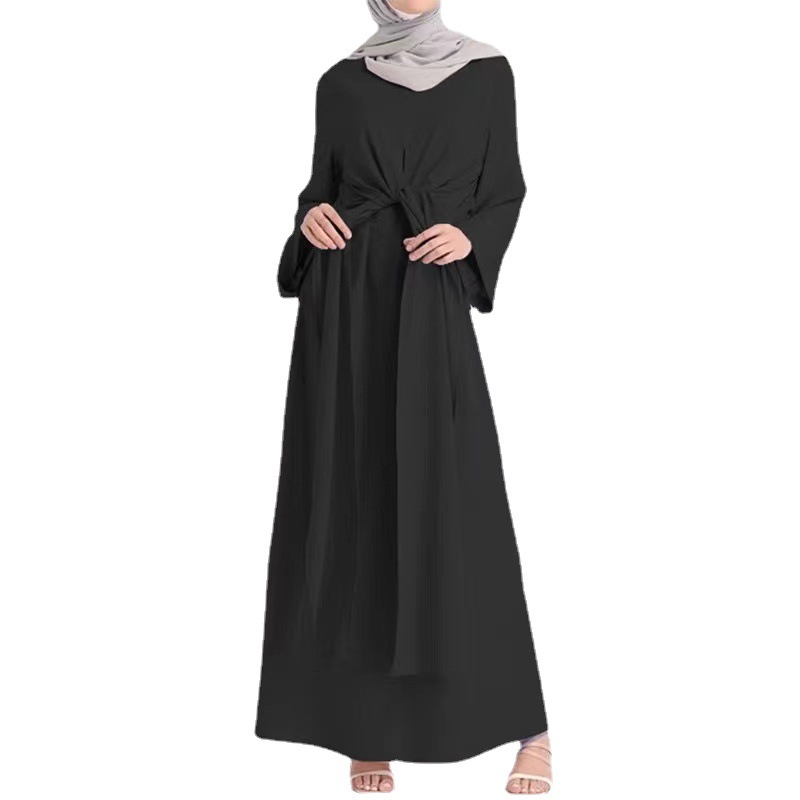 2023中东阿拉伯马来东南亚纯色长款系带束腰穆斯林女装长袍连衣裙详情图1